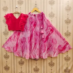 JOVK DESIGN Girls Tie And Dye Printed V Neck Georgette Blouse & Lehenga-image-78