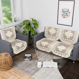 Kuber Industries Cream-Coloured 6 Pieces Self Design Cotton 3 Seater Sofa Covers-4