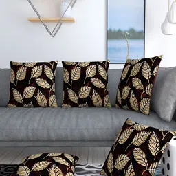 MONKDECOR Brown & Gold-Toned 5 Pieces Floral Velvet Rectangle Cushion Covers-58