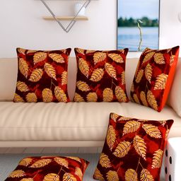 MONKDECOR Maroon & Gold-Toned 5 Pieces Floral Velvet Rectangle Cushion Covers-12