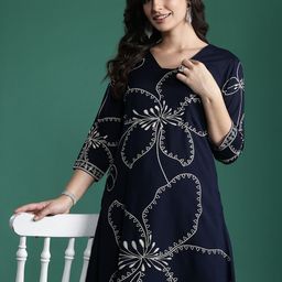 Indo Era Floral Printed Mirror Work Kurta with Trousers-29
