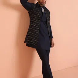 KISAH Mandarin Collar Straight Kurta & Trouser with Nehru Jacket Set-image-57