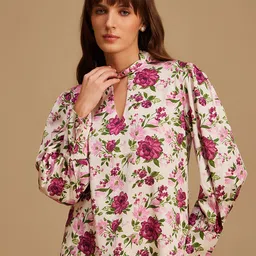 Kazo Floral Printed Keyhole Neck Satin Shirt Style Top-14
