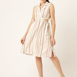 Madame Striped Notched Lapel Cut-Out Detailed Faux Wrap Dress-image-7