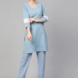 Idalia Women Blue Chikankari Embroidered Kurta with Trousers-picture-6