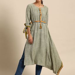 Sangria Grey & Green Geometric Printed Pure Cotton Kurta-image-42