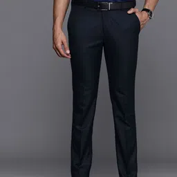 Raymond Men Dark Blue Checked Slim Fit Mid-Rise Formal Trousers-image-85