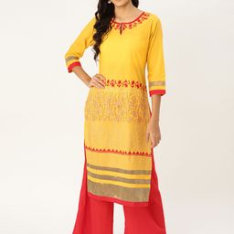 MBE Women Yellow & Red Block Printed Kurta with Palazzos-image-11