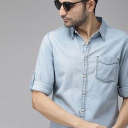 The Roadster Lifestyle Co Men Blue Regular Fit Solid Casual Chambray Shirt-picture-19