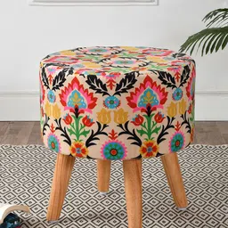 RIANCE CREATIONS Pink Printed Ottoman With Wooden Legs-26