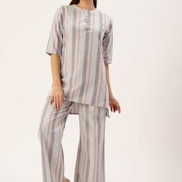 Clt.s Pure Cotton Striped Kurti With Pyjamas Night Suit-image-79