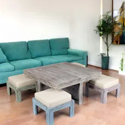 Ikiriya Grey & Blue Textured Wooden Square Coffee Table and Stool With Cushion-24