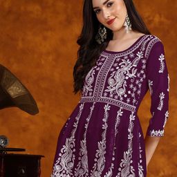 HERE&NOW Purple Chikankari Embroidered A-Line Kurti-image-28