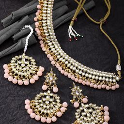 Peora Pink & 18K Gold Plated Kundan Pearl Jewellery Set-image-9