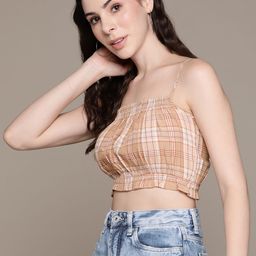 The Roadster Lifestyle Co. Checked Pure Cotton Shoulder Straps Crop Top-image-4