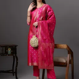 Anouk Zari Woven Design Kurta with Trousers & Dupatta image 4