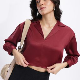 glitchez Satin Finish Crinkled Crop Shirt Style Top-image-81