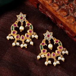 Estele Gold-Plated CZ Flower Design Pearls Dangler Earrings-22