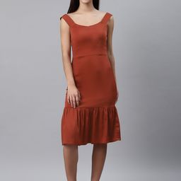 plusS Women Rust Brown Solid A-Line Dress-14