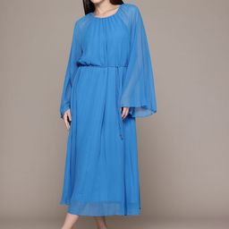 MANGO Accordian Pleats Belted Detail Flared Sleeves Maxi Georgette A-Line Dress-picture-27