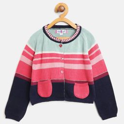 Nauti Nati Girls Sea Green & Pink Colourblocked Cardigan-image-8