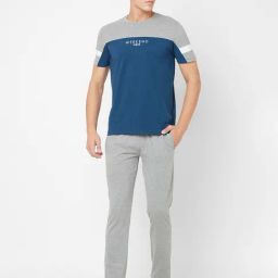 Sweet Dreams Navy & Grey Cotton Regular Fit Colour Block Nightwear Set-image-18