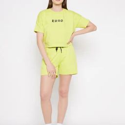 EDRIO Yellow Cotton Logo Print T-Shirt With Shorts-image-74