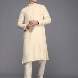 Manyavar Men Cream-Coloured Jacquard Self Design Thread Work Kurta with Pyjamas-image-89