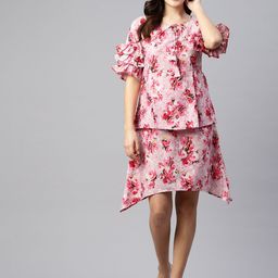 Ives Floral Print Tie-Up Neck Flutter Sleeve Layered Crepe A-Line Dress-picture-6