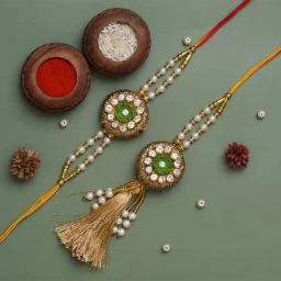 eCraftIndia Golden & Green Floral Designer Lumba Rakhi Set with Roli Chawal Pack for Bhai & Bhabi-image-65