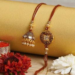 eCraftIndia Brown & Golden Lumba Rakhi Set with Roli Chawal Pack for Bhai & Bhabi-image-46