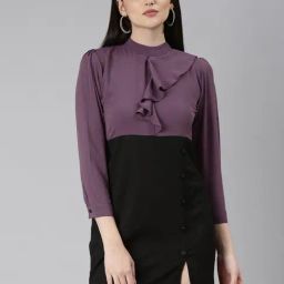 SHOWOFF Purple & Black Color-block A Line Dress-image-13