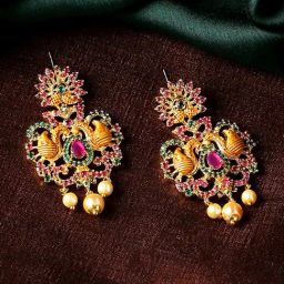 Estele Gold-Plated CZ Beautiful Peacock Design Pearls Dangler Earrings-13