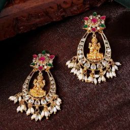Estele Gold-Plated CZ Lakshmi Devi Design Pearls Dangler Earrings-14