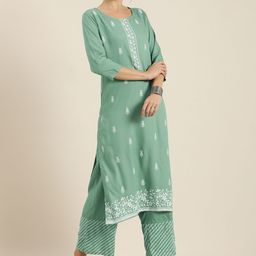Vishudh Women Sea Green & White Printed Regular Kurta with Palazzos-image-19