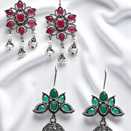 OOMPH Set Of 2 Artificial Stones Studded And Beaded Floral Shaped Floral Drop Earrings-12