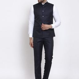 Wintage Men Navy Blue Solid Single-Breasted Bandhgala Formal Two-Piece Suit-image-57