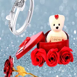 UNIVERSITY TRENDZ Silver-Plated Dual Heart Crystal Stud Ring With Red Rose & Teddy in Box-1