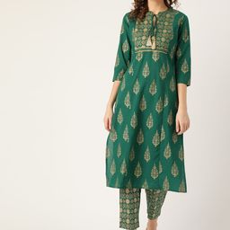Sangria Women Green & Golden Ethnic Motifs Printed Pure Cotton Kurta with Trousers-40