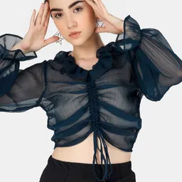 angloindu Women Sea Green Ruffles Chiffon Shirt Style Crop Top-picture-24