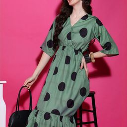 Moda Rapido Women Green Polka Dot Print Crepe Fit & Flare Dress-picture-47