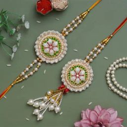 eCraftIndia Diamonds & Pearls Floral Lumba Rakhi Set with Roli Chawal Pack for Bhai & Bhabi-image-74