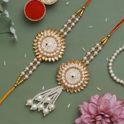 eCraftIndia Pearl Designer Lumba Rakhi Set with Roli Chawal Pack for Bhai & Bhabi-image-63