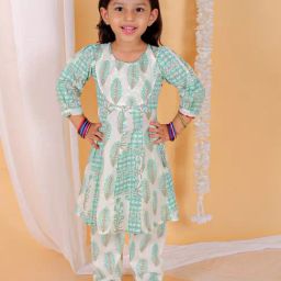 The Mom Store Kids Blue & White Floral Print Anarkali Kurta with Pants-picture-3