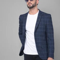 Crimsoune Club Navy Blue Slim Fit Checks Blazer-image-30