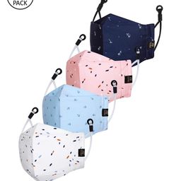 CENWELL Unisex Pack Of 4 Blue Printed 6-Ply Reusable Pure Cotton 3D Cloth Masks-57