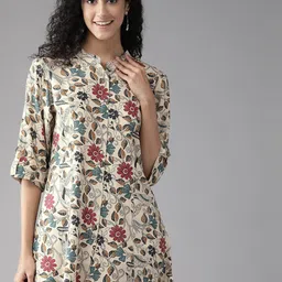 Cayman Floral Print Mandarin Collar Roll-Up Sleeves Longline Ethnic Top-picture-41