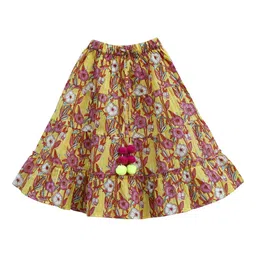 My Little Lambs Girls Yellow & Pink Floral Printed Flared Maxi Skirt-image-48