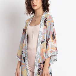 SHAYE Abstract Printed Kimono Sleeves Open Front Shrug-22