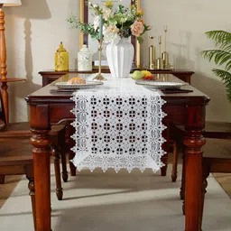 MONKDECOR White Embroidered Satin Table Runner-image-14